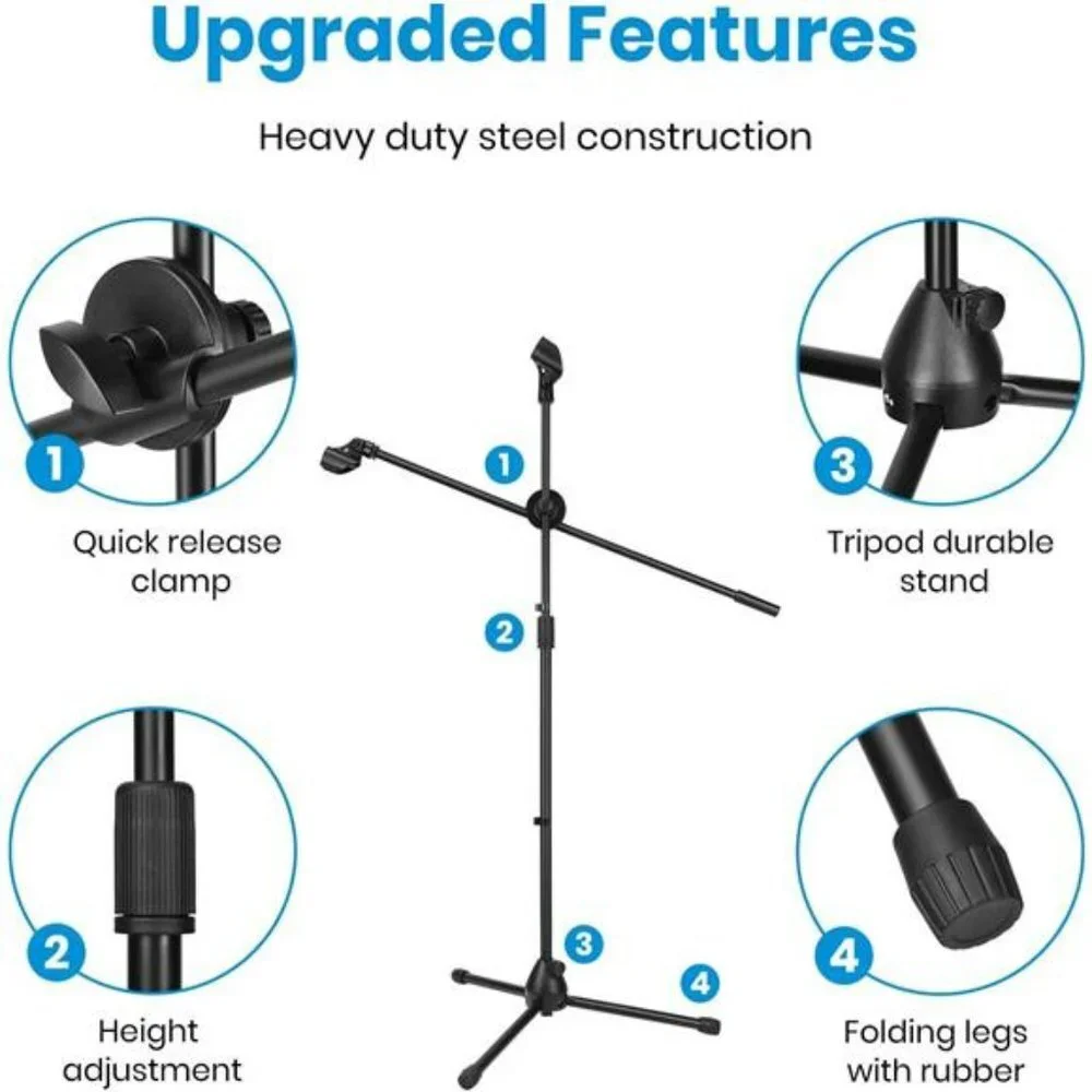 Microphone Stand with 2 Non-Slip Mic Clip Holders & 2 Foam Covers (Black)